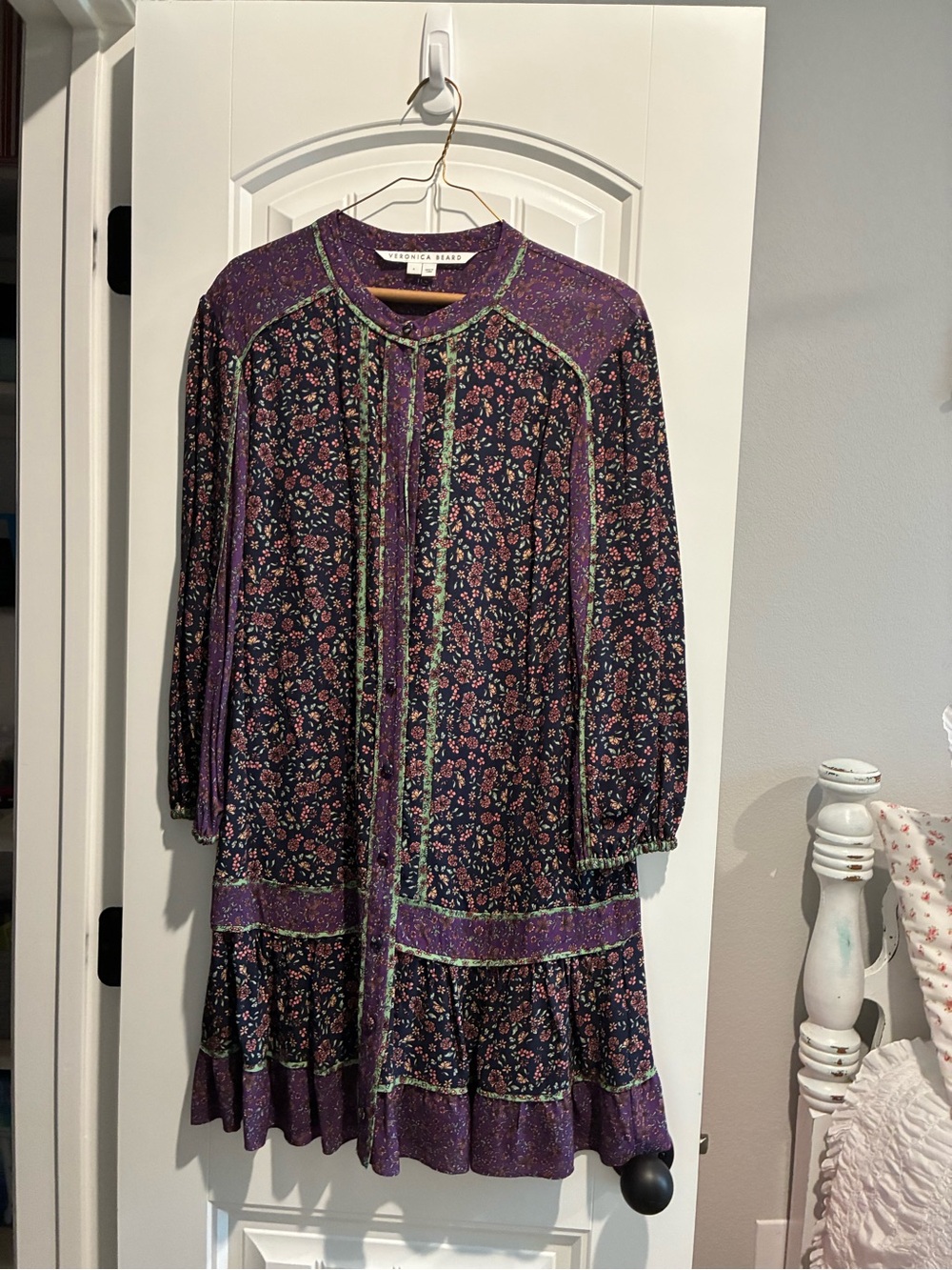 Veronica Beard Black and Purple Floral Long-Sleeve Tiered Dress